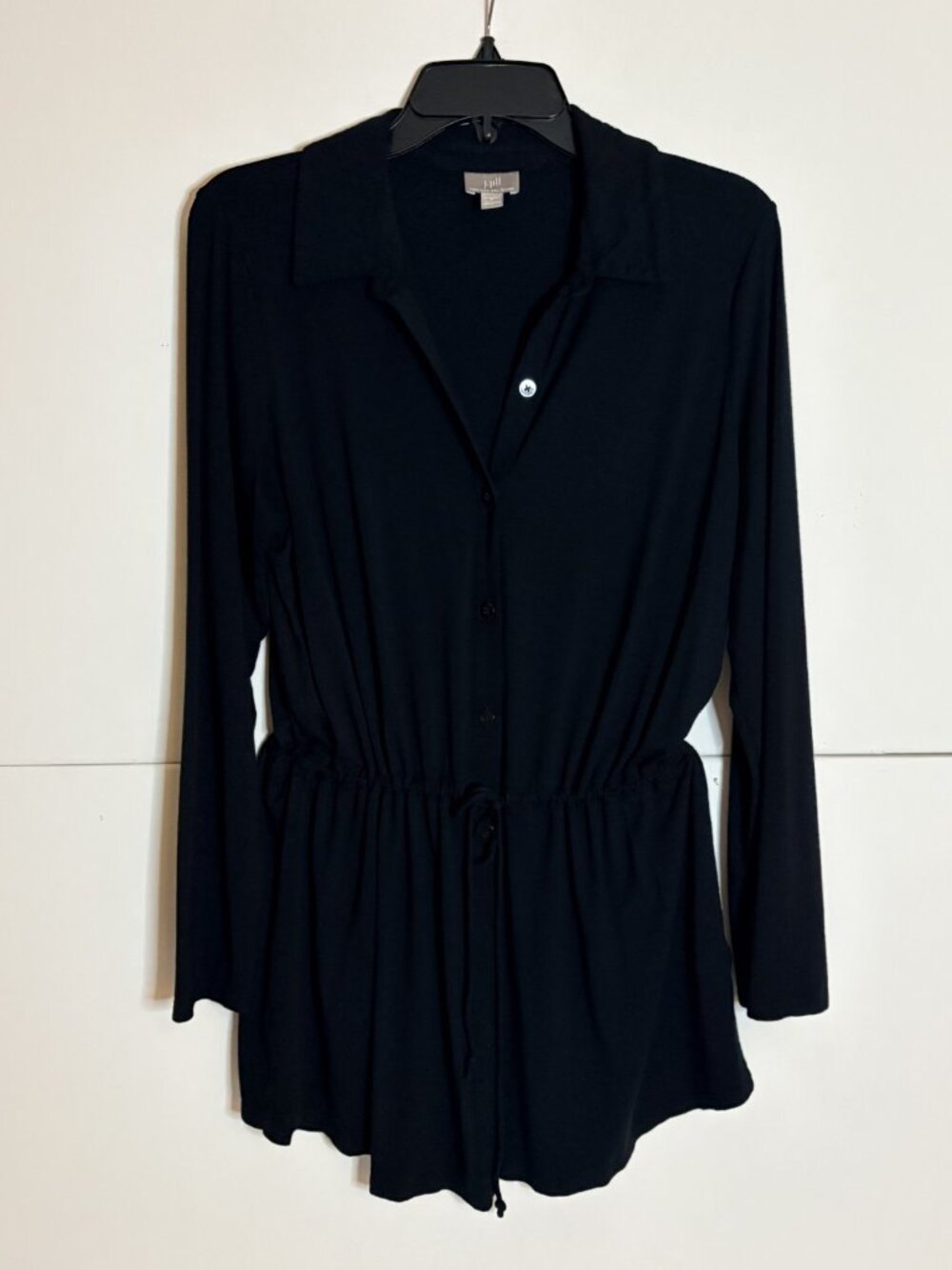 J Jill Black Rayon Stretch Long Sleeve Shirt Button Down Waist Drawstring Size M